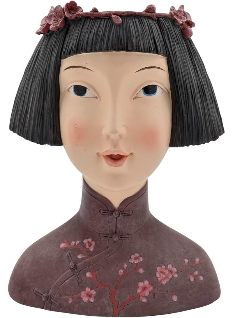 بي آند دي وعاء زهور ديكور من الراتنج مستوحى من الطراز الآسيوي من B&D بتصميم أزهار الكرز، على شكل رأس بشعر قصير أسود، للزينة الداخلية للحدائق - Image 1